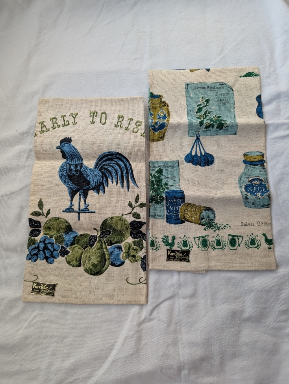 Vintage KayDee Handprints Linen Blue & Green Kitchen Towels - Rooster & Spices